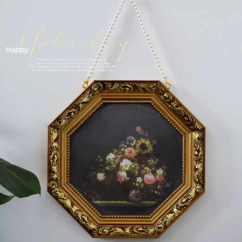 Luxury Lifestyle Niche - ภาพตกแต่งสไตล์เรโทรทรงแปดเหลี่ยม พร้อมแสงไฟหรูหรา สายไข่มุกห้อยตกแต่ง ศิลปะภาพนิ่งสไตล์บาโรก โรโคโค สำหรับห้องนั่งเล่น